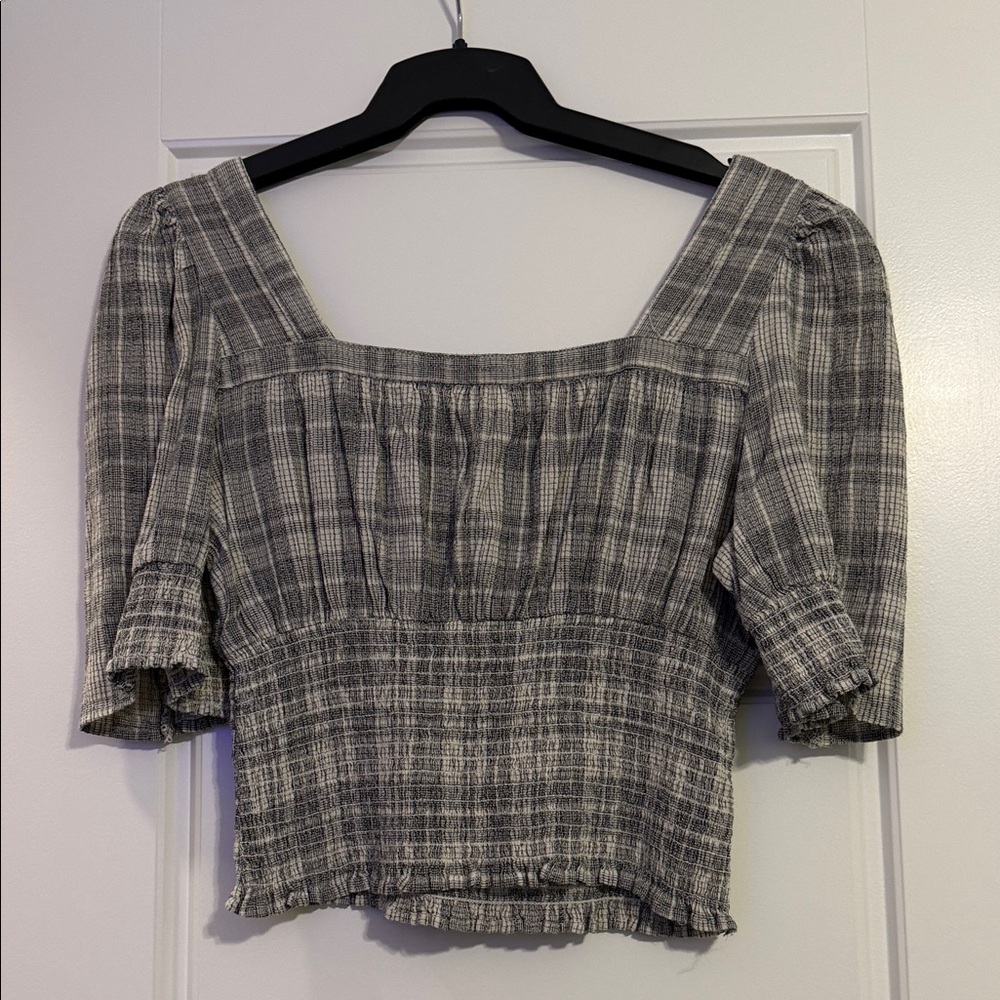 American Threads Gray Plaid Square-Neck Smocked Waist Top - Picture 2 of 2